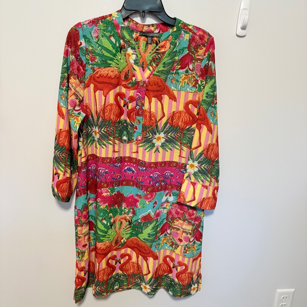 Shannon Passero Tropical Flamingo Tunic Dress Womens Multicolor size S Pockets
